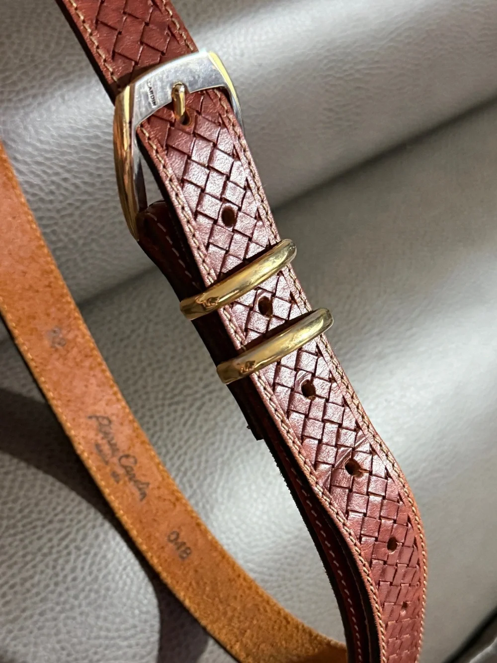 Vintage Pierre Cardin Brown Woven Leather Belt with Gold Accents